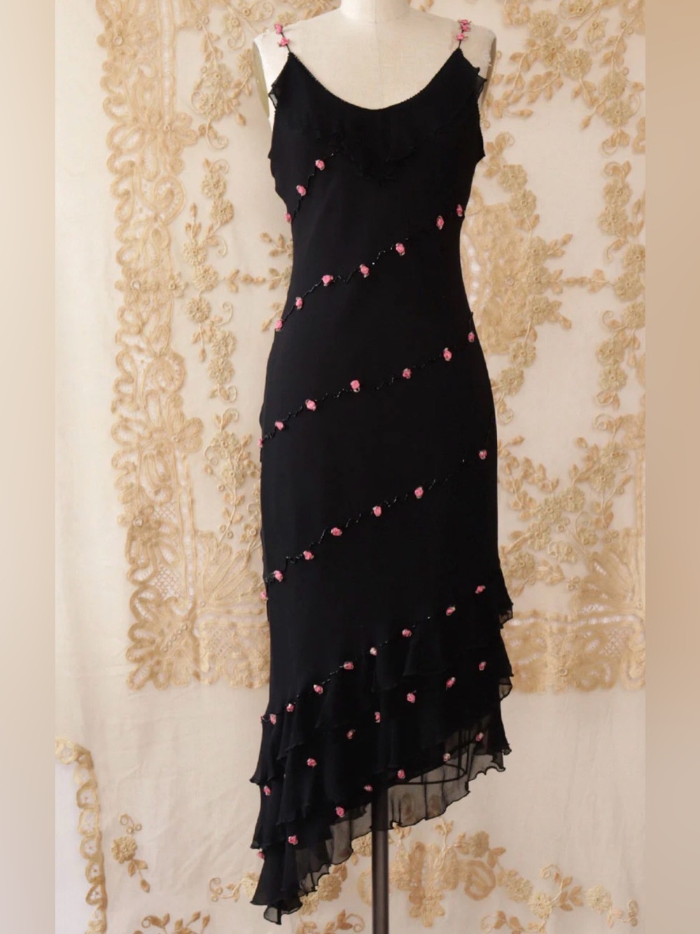 ECI New York Vintage 90s Black Silk Chiffon Floral Appliqué Cocktail Dress 12P